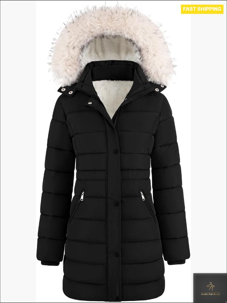 Mid-Length Down Jacket With Detachable Faux Fur Hood, Thicken Fleece Lined Snow